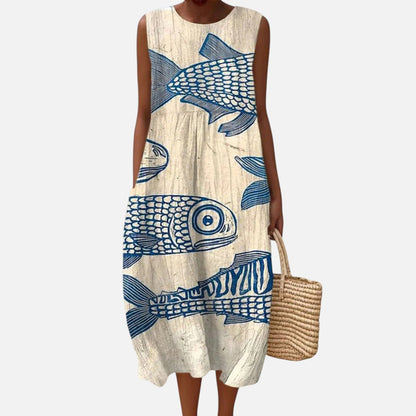Margery | Blue Fish Print Sleeveless Midi Dress