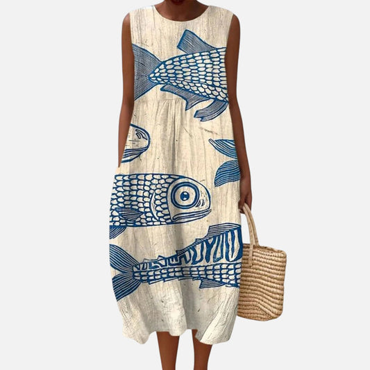 Margery | Blue Fish Print Sleeveless Midi Dress
