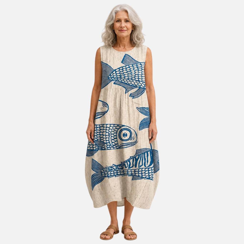 Margery | Blue Fish Print Sleeveless Midi Dress