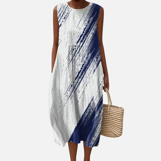 Regina | Blue Brushstroke Sleeveless Midi Dress