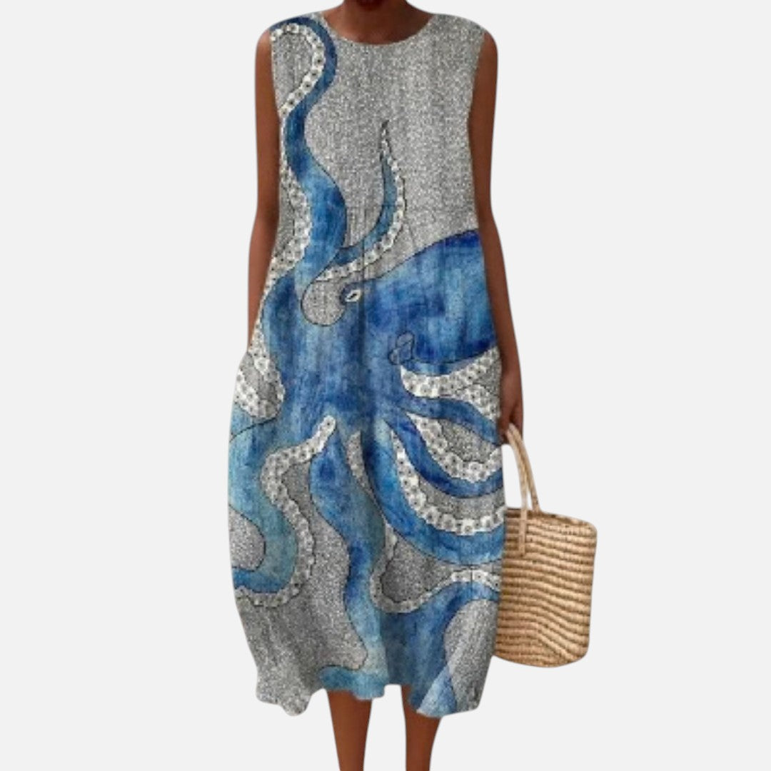 Kathleen | Grey Octopus Print Sleeveless Midi Dress
