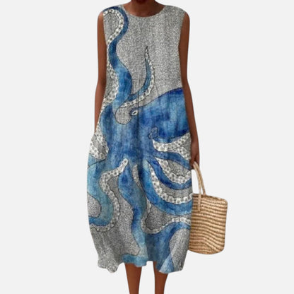 Kathleen | Grey Octopus Print Sleeveless Midi Dress
