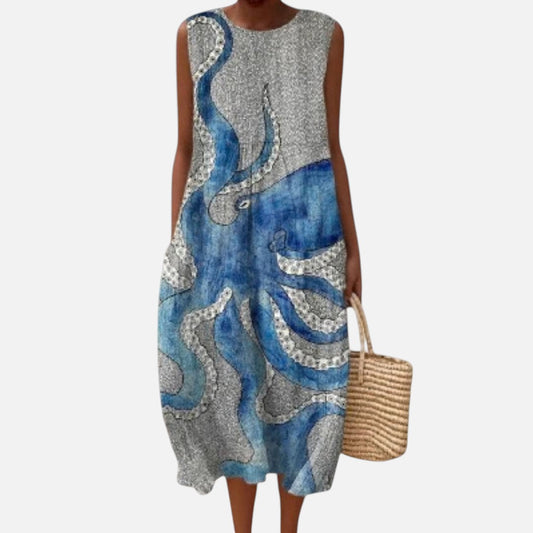 Kathleen | Grey Octopus Print Sleeveless Midi Dress