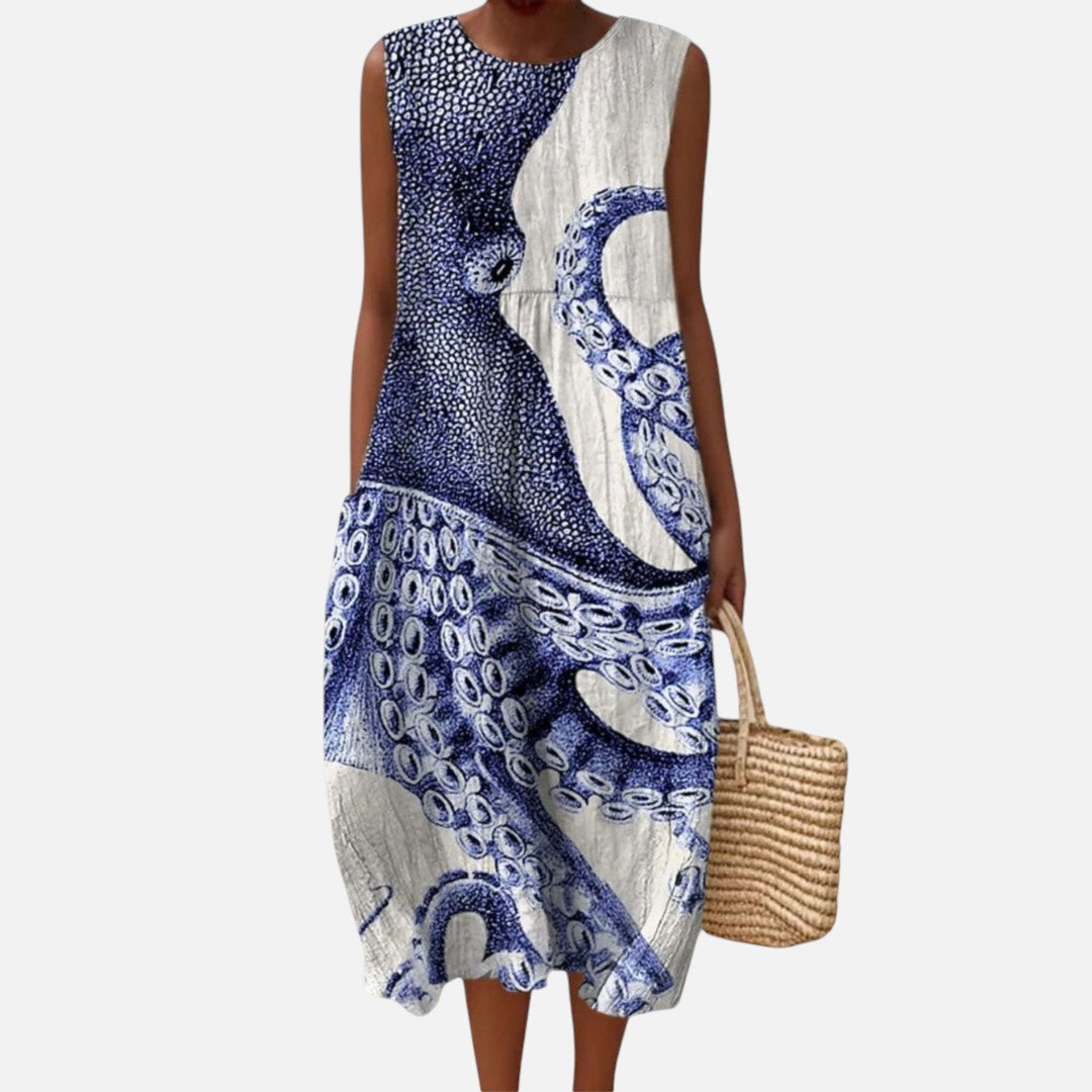 Yolanda | Blue Octopus Print Sleeveless Midi Dress