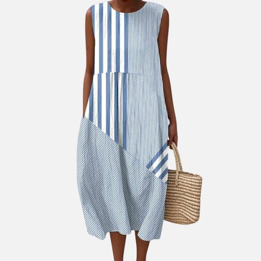 Dora | Blue & White Stripe Sleeveless Midi Dress