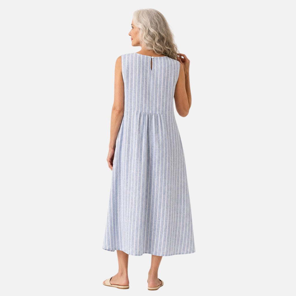 Enid | Blue Fine Stripe Sleeveless Midi Dress