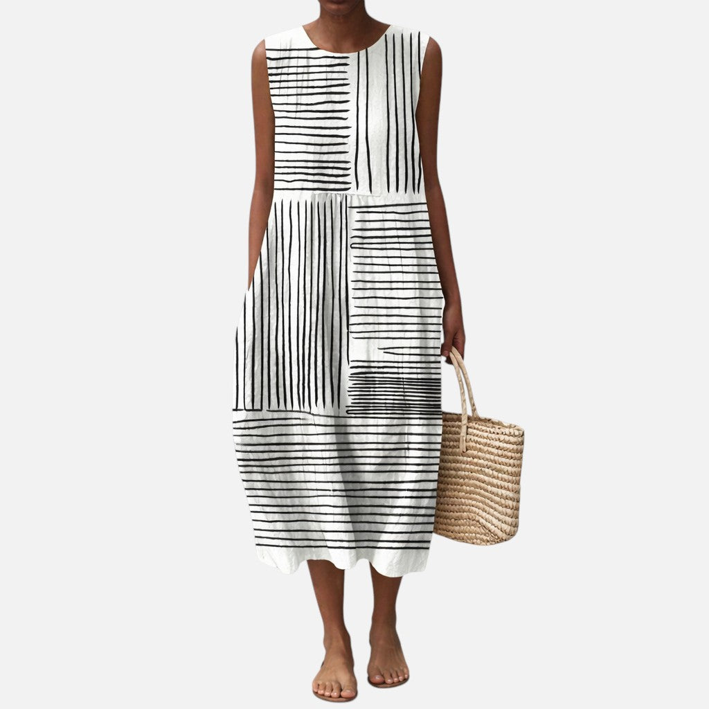 Monica | Black & White Stripe Panel Sleeveless Midi Dress