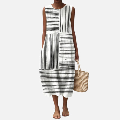 Monica | Black & White Stripe Panel Sleeveless Midi Dress
