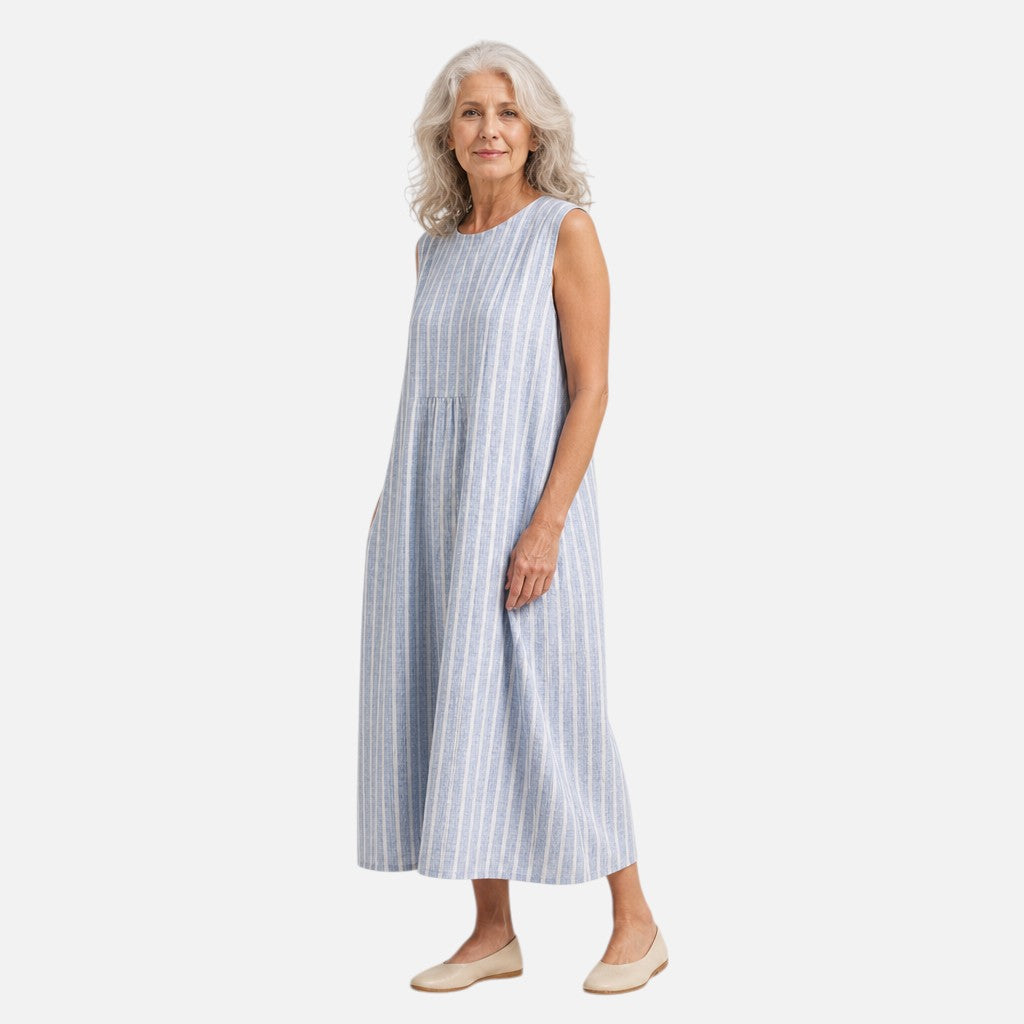 Enid | Blue Fine Stripe Sleeveless Midi Dress