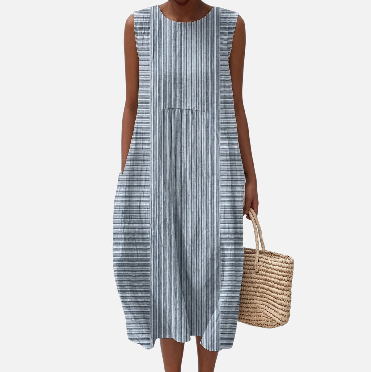 Ursula | Grey Fine Stripe Sleeveless Midi Dress