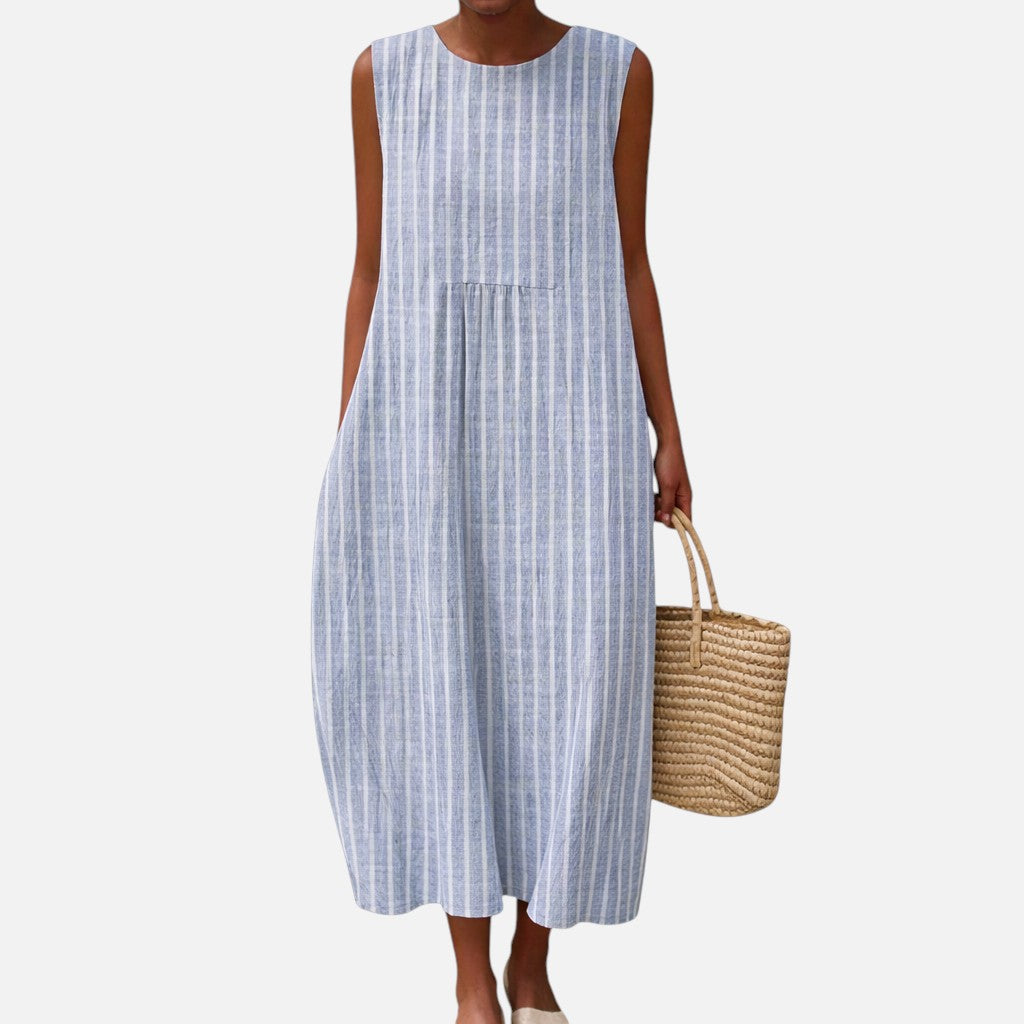Enid | Blue Fine Stripe Sleeveless Midi Dress