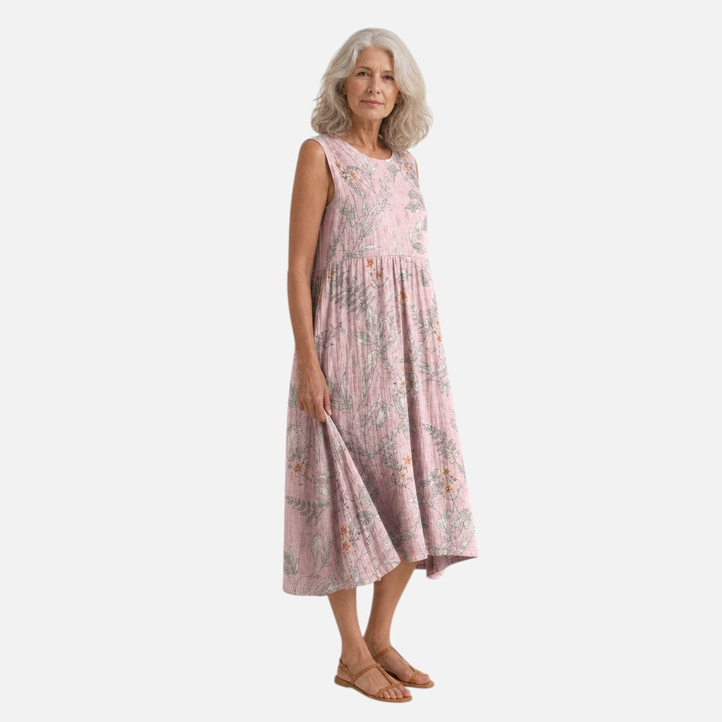 Ursula | Pink Botanical Sleeveless Midi Dress