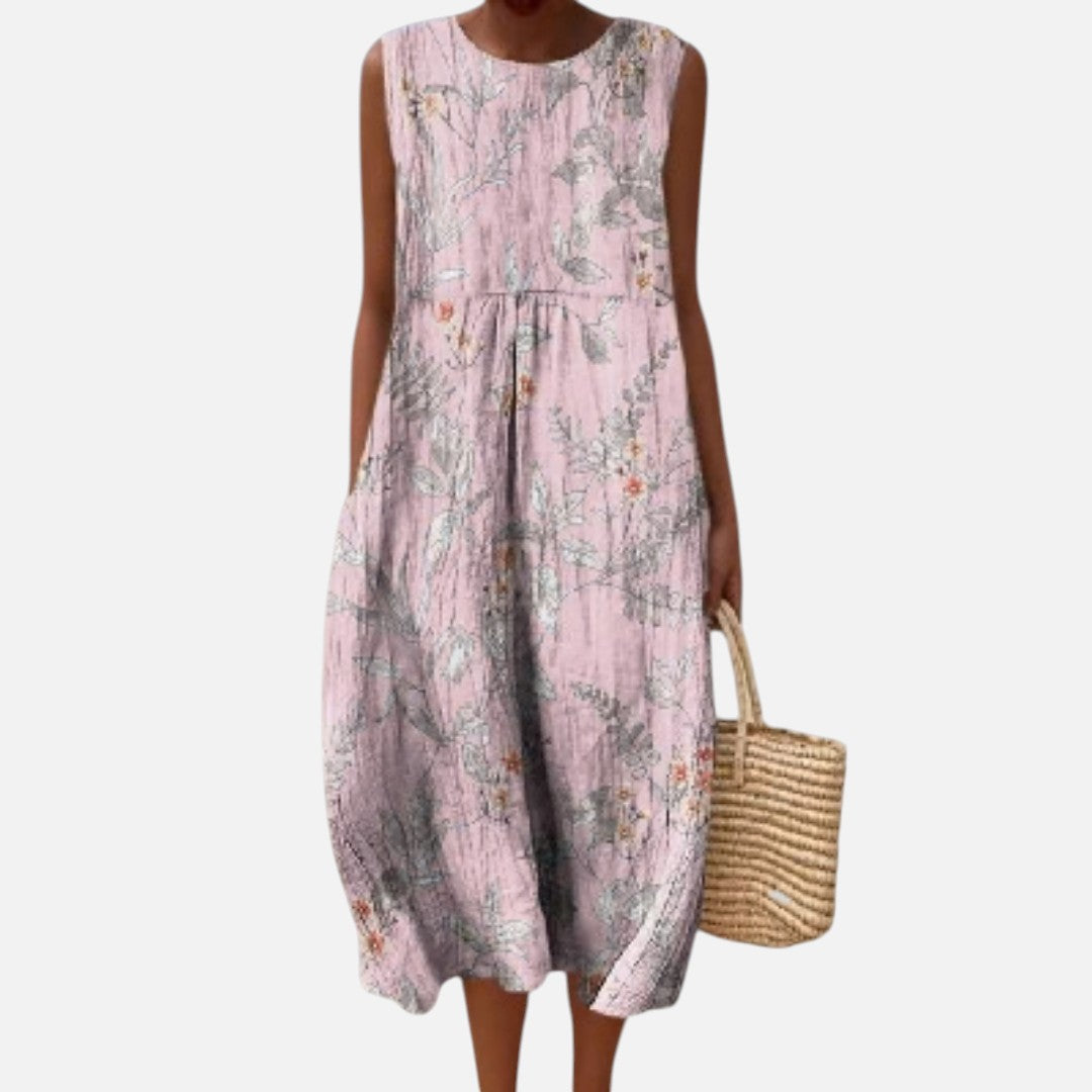 Ursula | Pink Botanical Sleeveless Midi Dress
