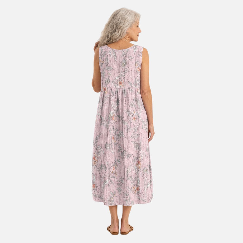 Ursula | Pink Botanical Sleeveless Midi Dress
