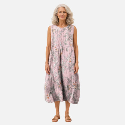 Ursula | Pink Botanical Sleeveless Midi Dress