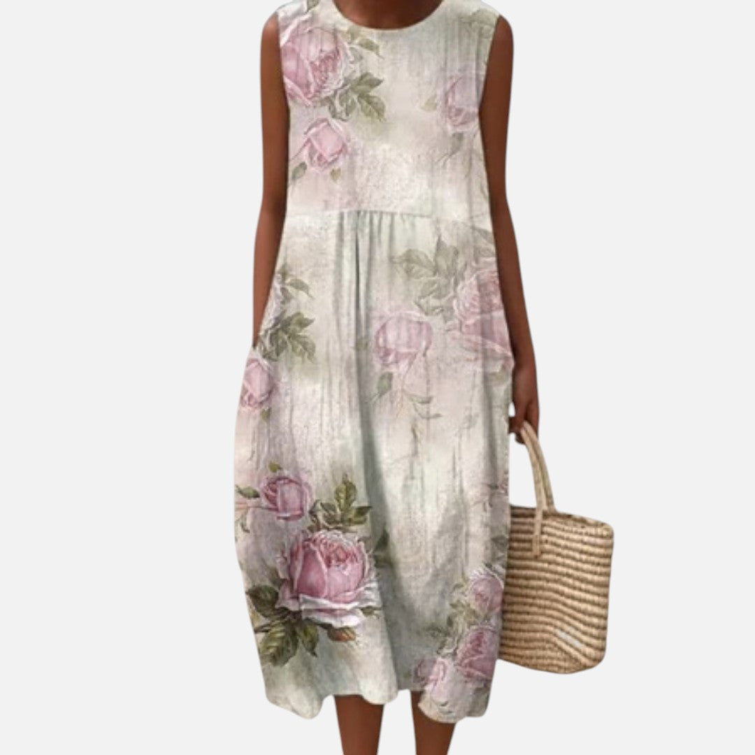 Tamsin | Cream Rose Print Sleeveless Midi Dress