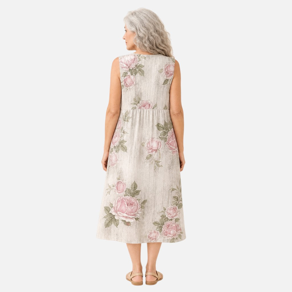 Tamsin | Cream Rose Print Sleeveless Midi Dress