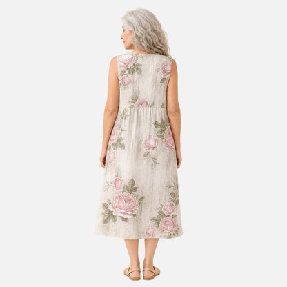 Tamsin | Cream Rose Print Sleeveless Midi Dress