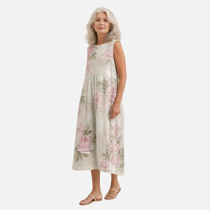 Tamsin | Cream Rose Print Sleeveless Midi Dress