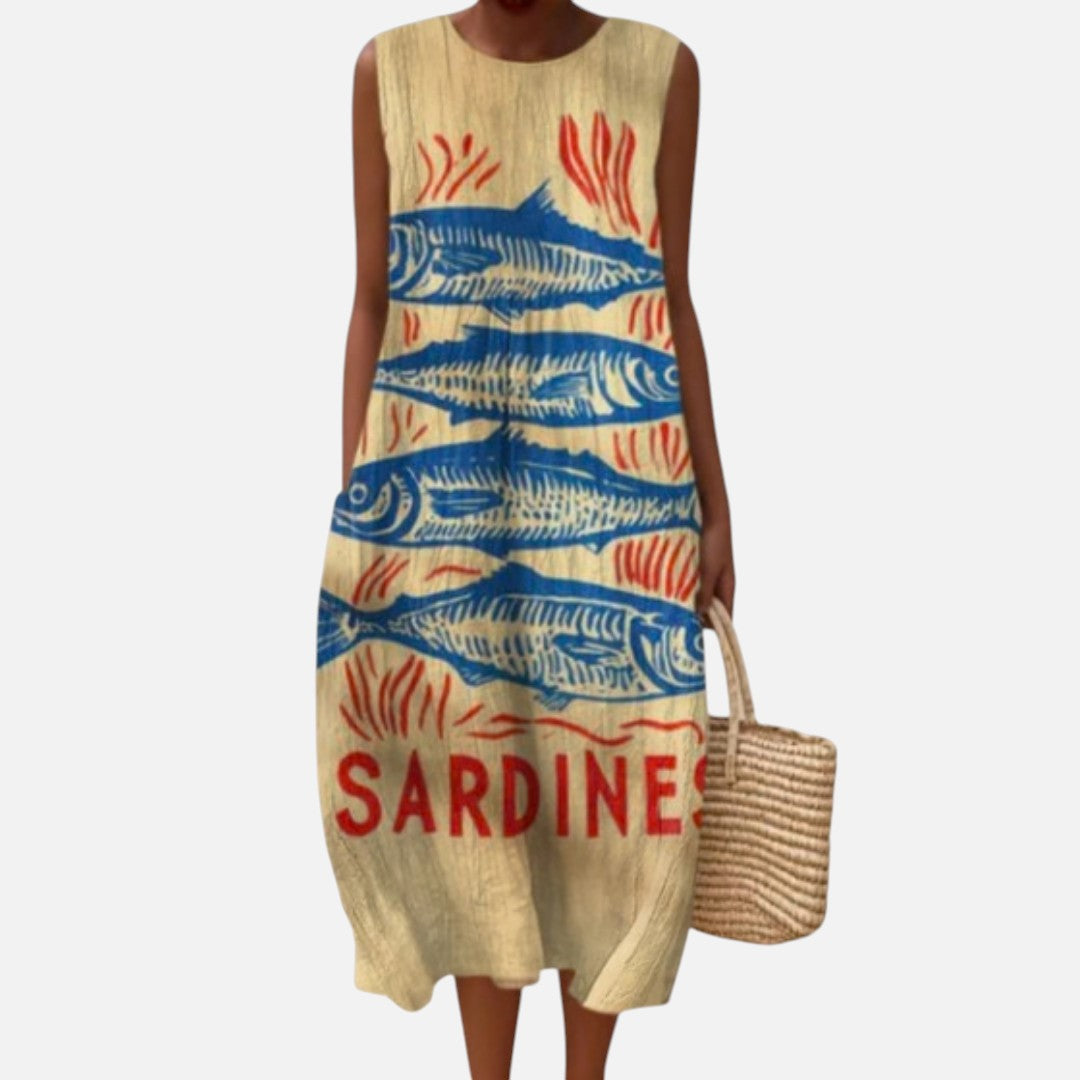 Iris | Sardine Print Sleeveless Midi Dress
