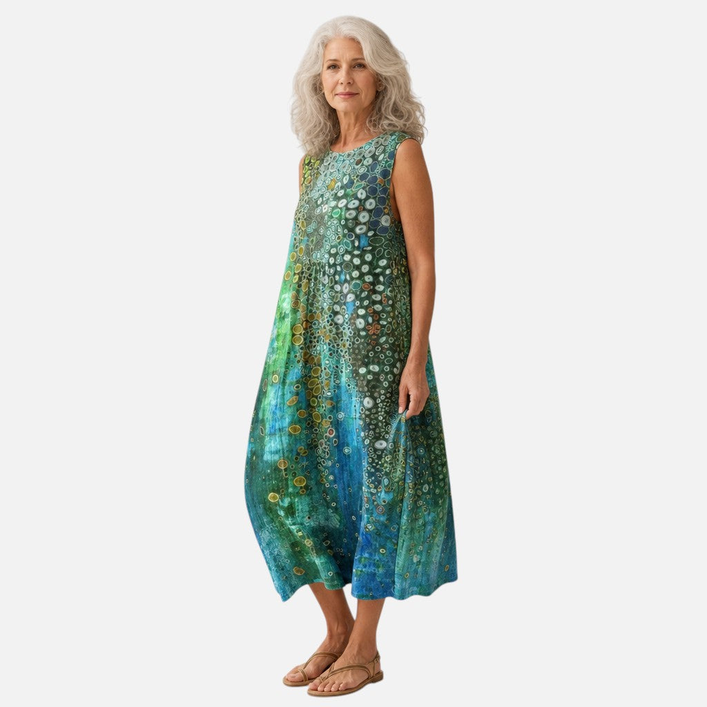 Alma | Green & Blue Circle Print Sleeveless Midi Dress