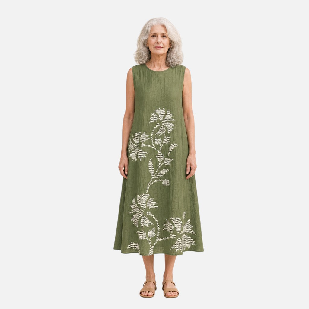 Ellen | Olive Leaf Print Sleeveless Midi Dress