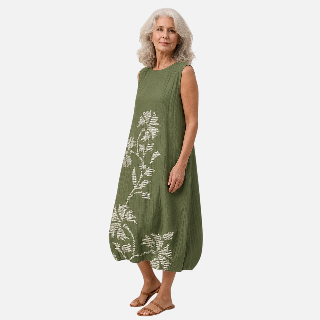 Ellen | Olive Leaf Print Sleeveless Midi Dress