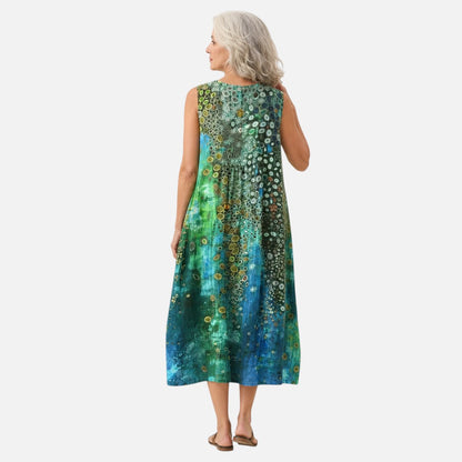 Alma | Green & Blue Circle Print Sleeveless Midi Dress
