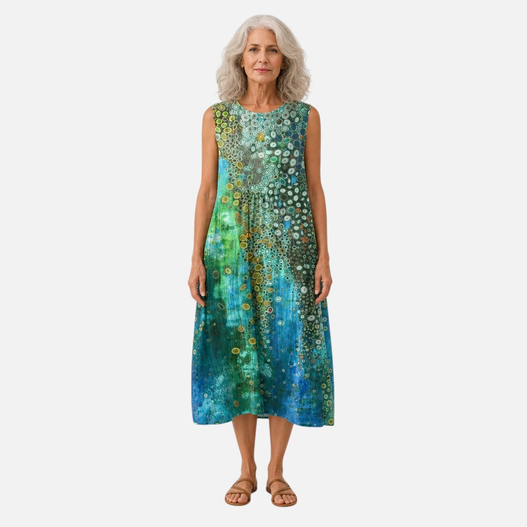 Alma | Green & Blue Circle Print Sleeveless Midi Dress