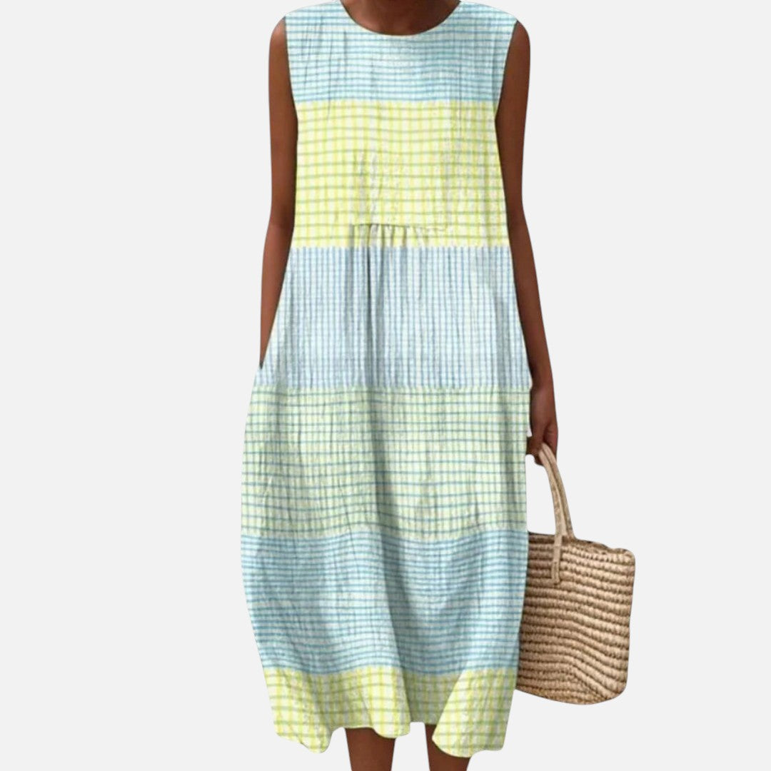 Stephanie | Blue & Yellow Check Sleeveless Midi Dress