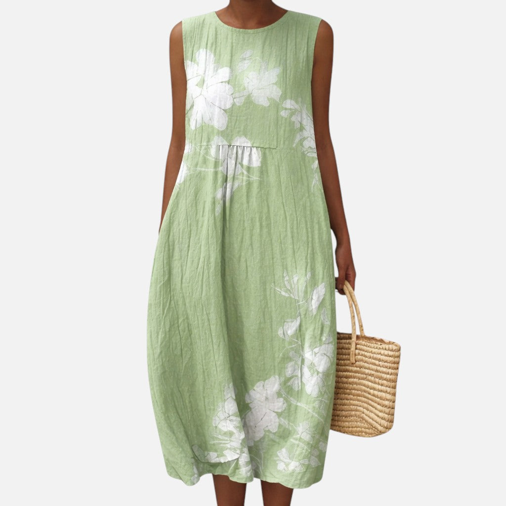 Ada | Green Floral Branch Sleeveless Midi Dress
