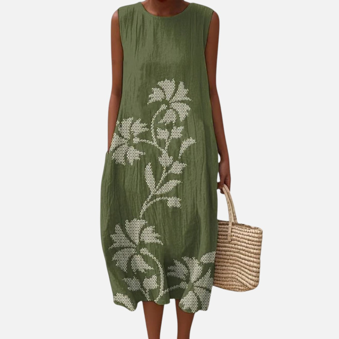 Ellen | Olive Leaf Print Sleeveless Midi Dress