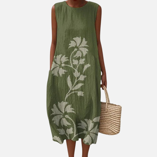 Ellen | Olive Leaf Print Sleeveless Midi Dress