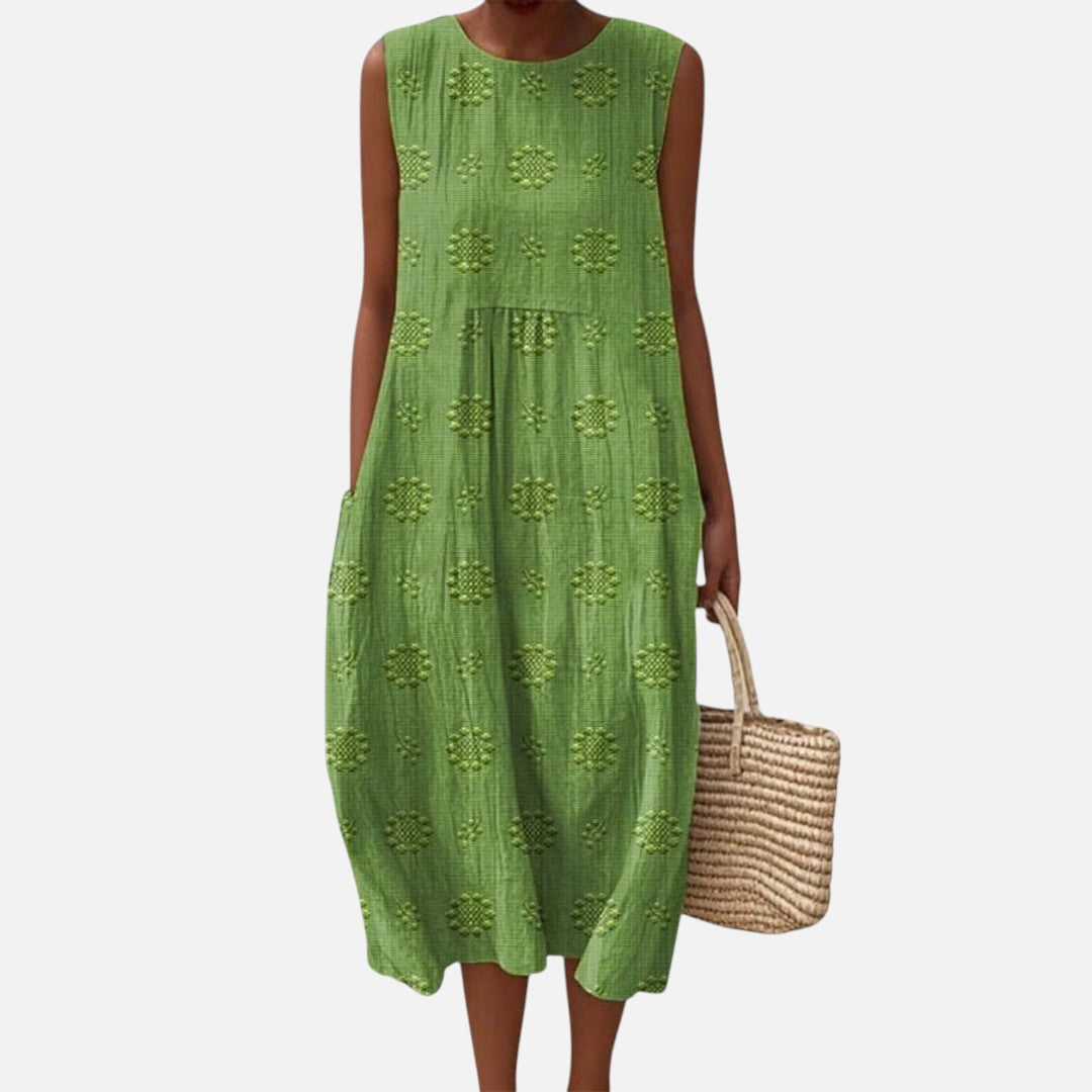 Imelda | Green Textured Sleeveless Midi Dress
