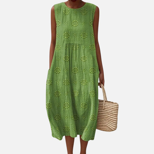 Imelda | Green Textured Sleeveless Midi Dress