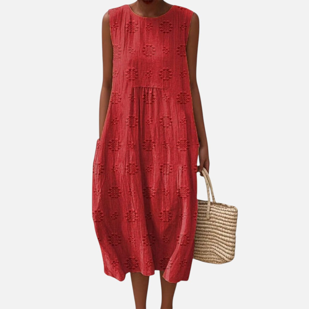 Anita | Red Textured Sleeveless Midi Dress