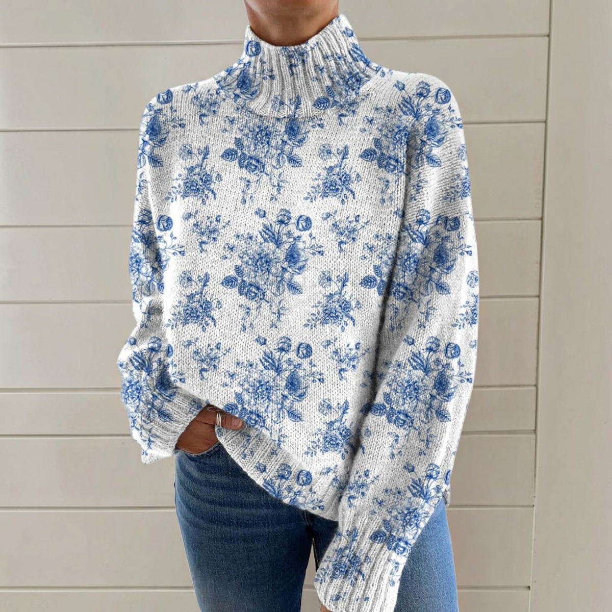 Sarah | Blue Botanical Roll-Neck Jumper