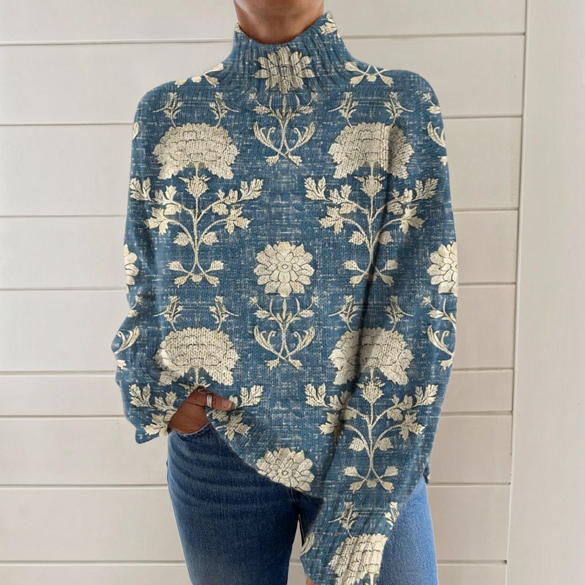 Susan | Blue Heritage Floral Roll-Neck Jumper