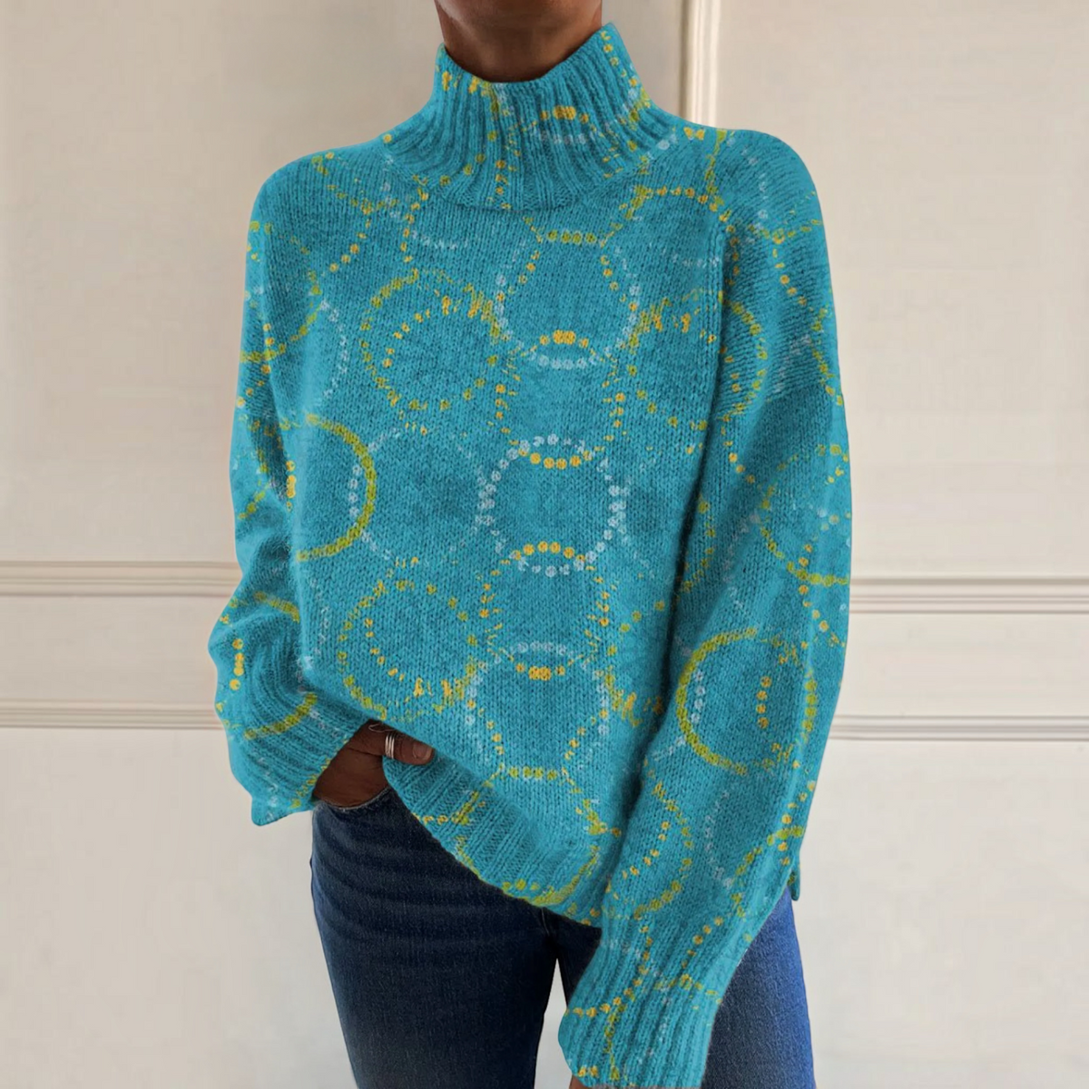 Julie | Turquoise Circle Print Roll-Neck Jumper